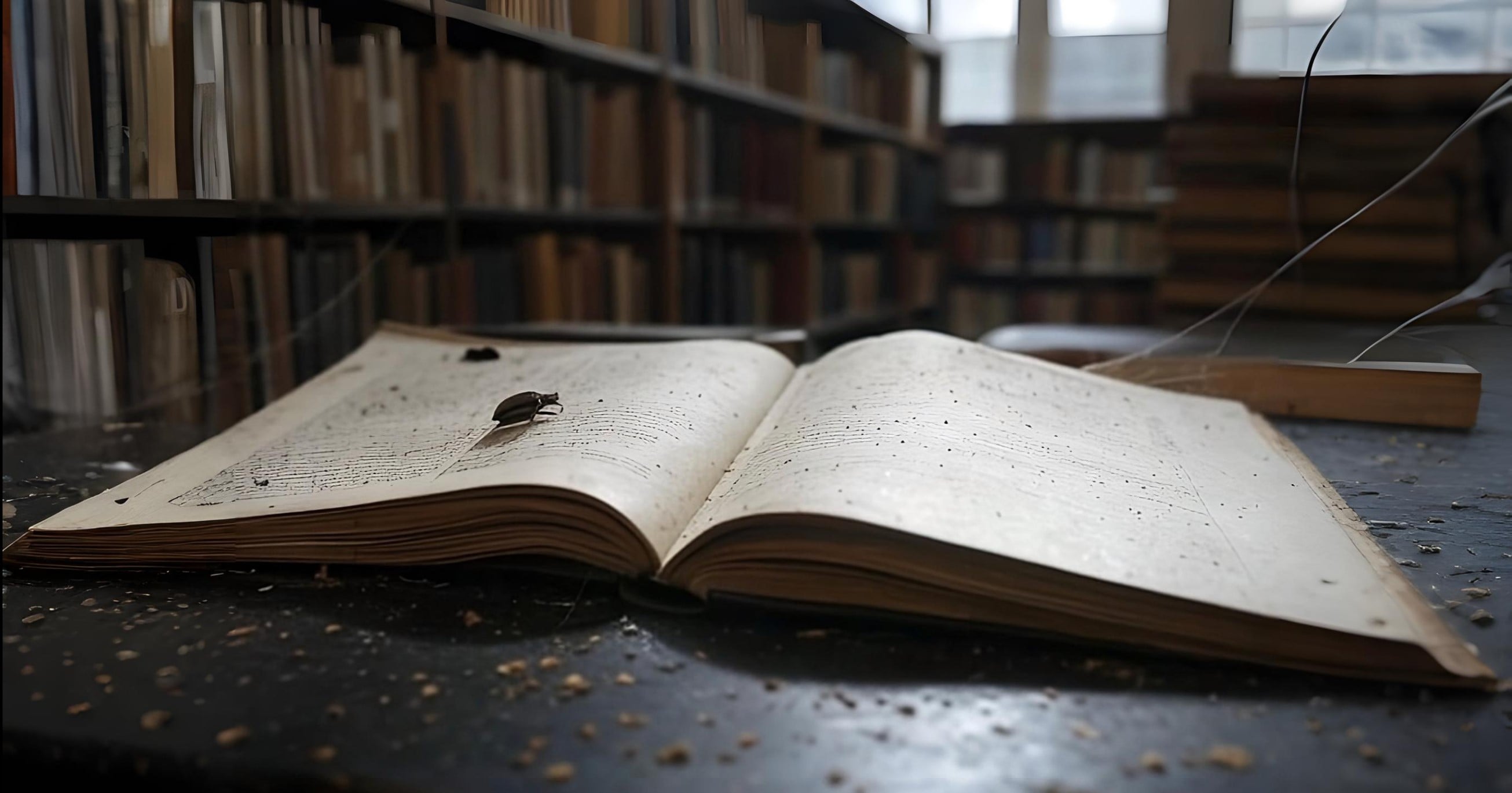 Бръмбар върху отворена стара книга на маса в библиотека